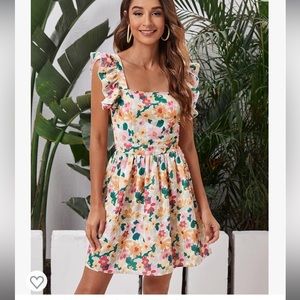 Romwe Women's Cute Tie Back Ruffle Strap A Line Fit and Flare Flowy Short Dress